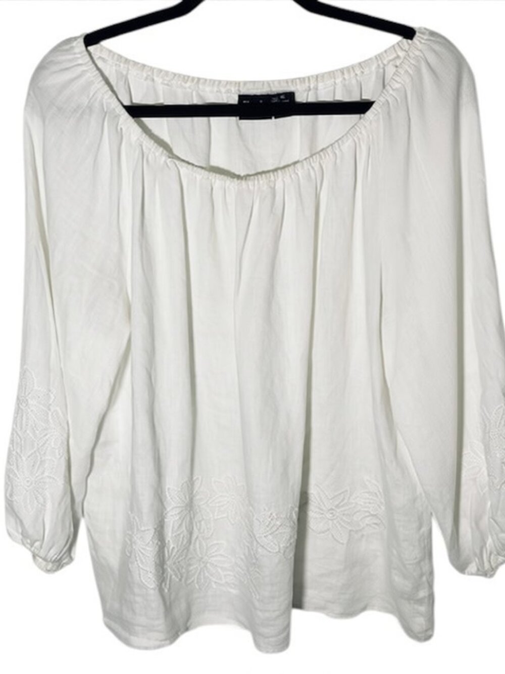 100% Linen White Peasant Blouse Sz XL Embroidered 3/4 Sleeves Prarie Lagenlook